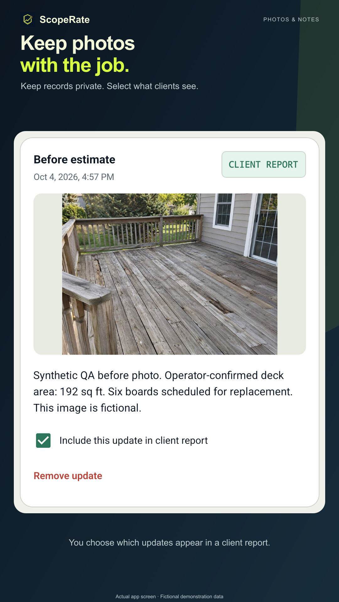 Fictional AI-generated deck photo with a saved caption and explicit client-report selection.