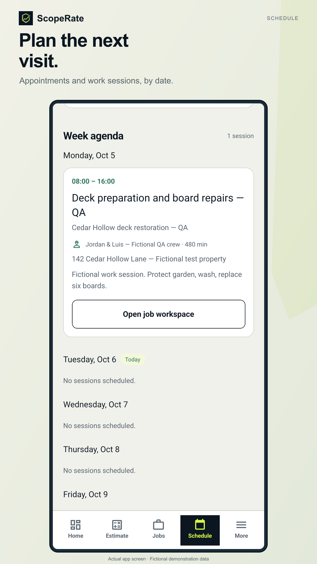 Week agenda with a saved work session and fictional assignee.