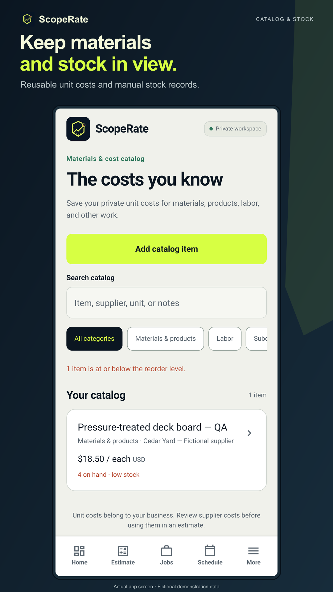 Materials catalog with operator-entered cost, stock on hand and low-stock indication.