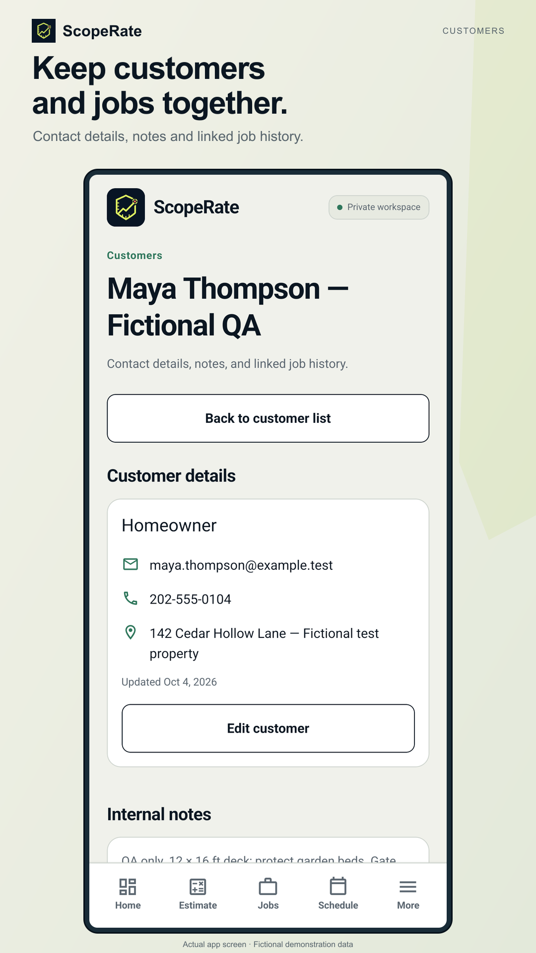 Fictional customer contact details, private notes and linked job history.