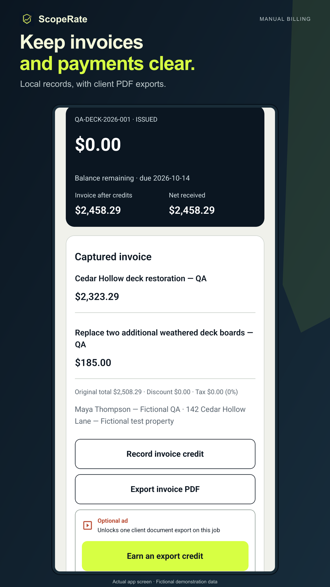Invoice record with captured line items, balance, manual payments and document export.